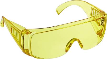 Защитные жёлтые очки DEXX широкая монолинза с дополнительной боковой защитой и вентиляцией открытого типа 11051_z02. Артикул 11051_z02