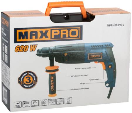 MAX-PRO Перфоратор монтажный 620 Вт, 0-1000об/мин, 2,5Дж, 3 режима, Д/Б/М-30/24/13, 2,8кг, SDS-PLUS, антивибрационная ручка, резиновые вставки, резино MAX-PRO 85080. Артикул 85080